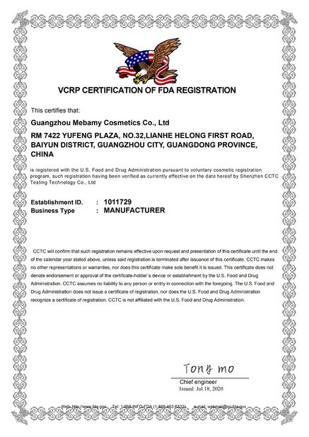 China Guangzhou Mebamy Cosmetics Co., Ltd Certification